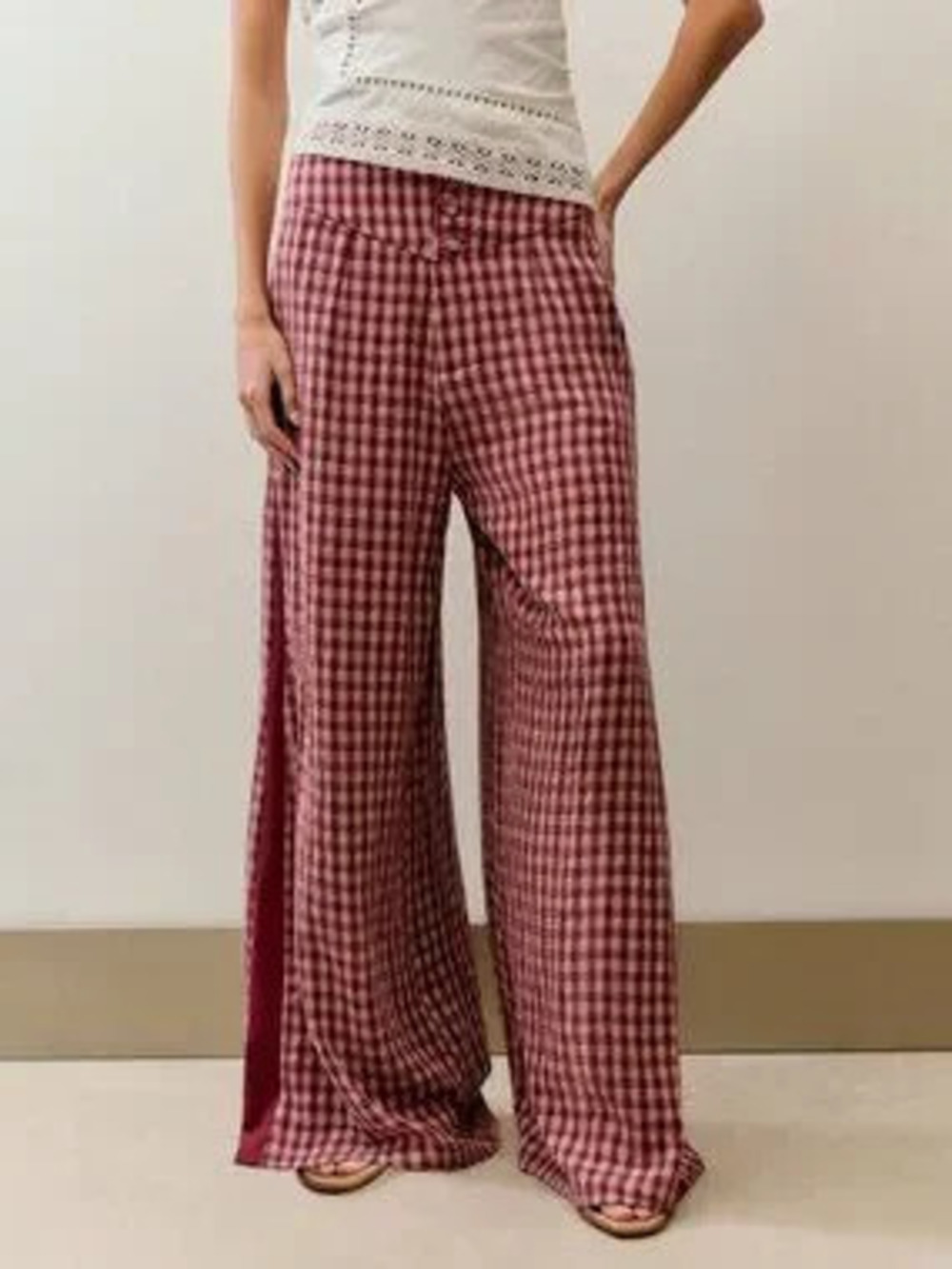 Burgundy Casual Women's Plaid Color Blocked High-Waisted Loose Wide-Leg Trousers